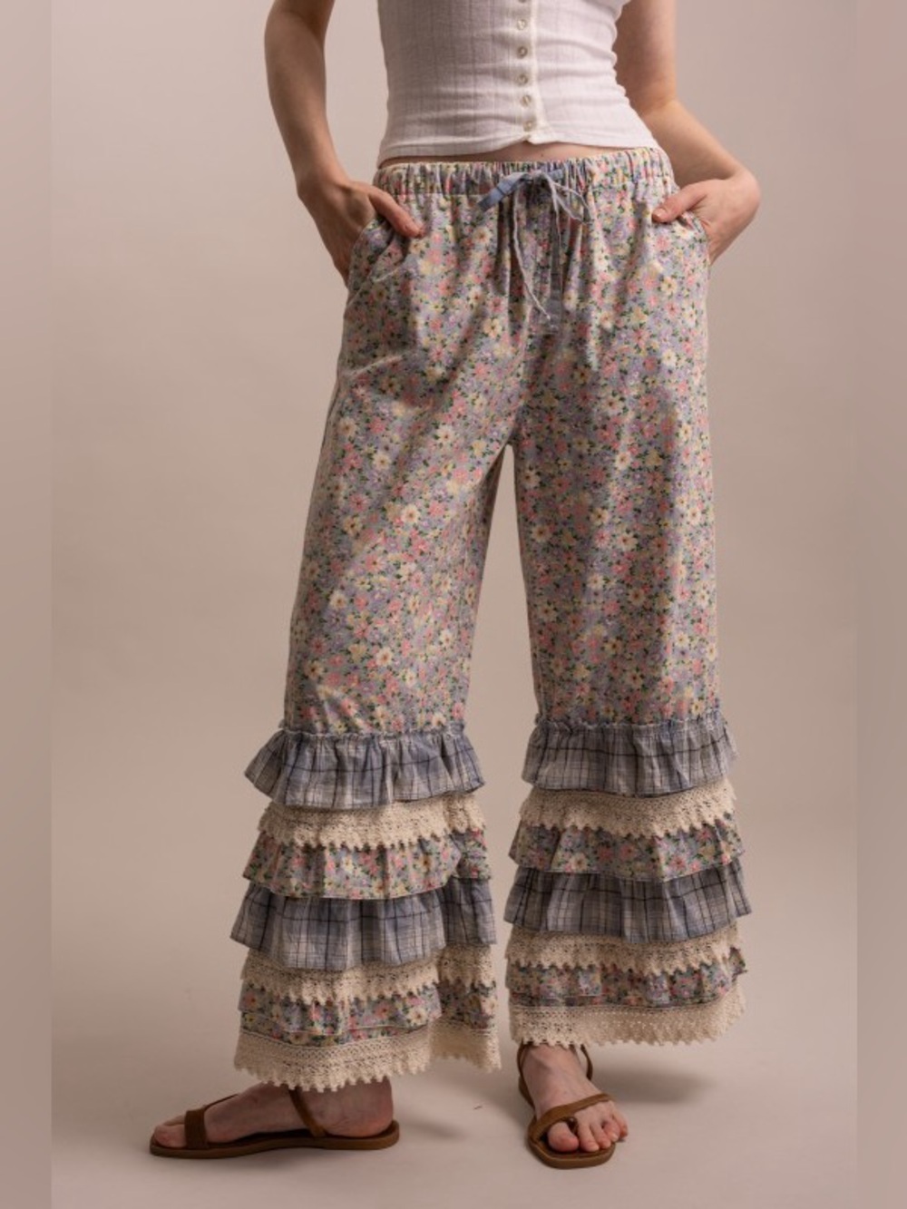 Bluevelvet washed blue floral embroidered patchwork ruffle bohemian boho pant - Picture 3 of 4